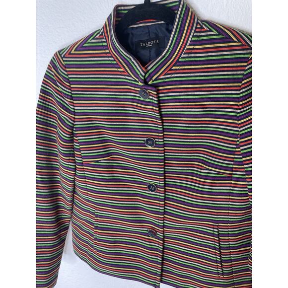 Talbots Woman Jacket Stripe Green Orange Multi Buttons Lined Size 4 petite - Picture 3 of 5